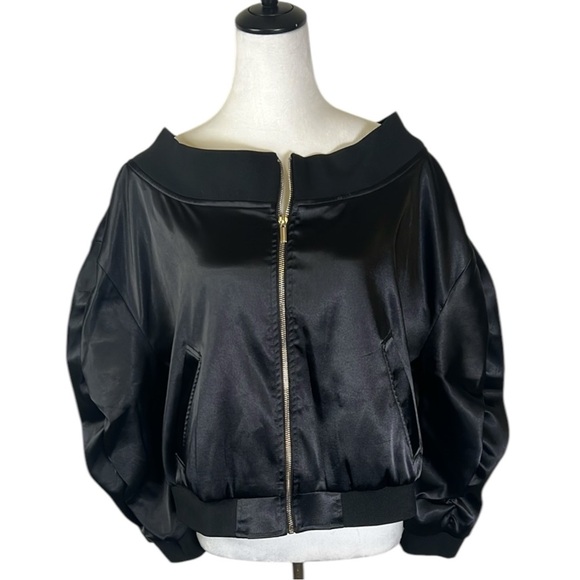 New York & Company Jackets & Blazers - Gabrielle Union NY & Co. Black Satin Off the Shoulder Bomber Jacket (M) EUC